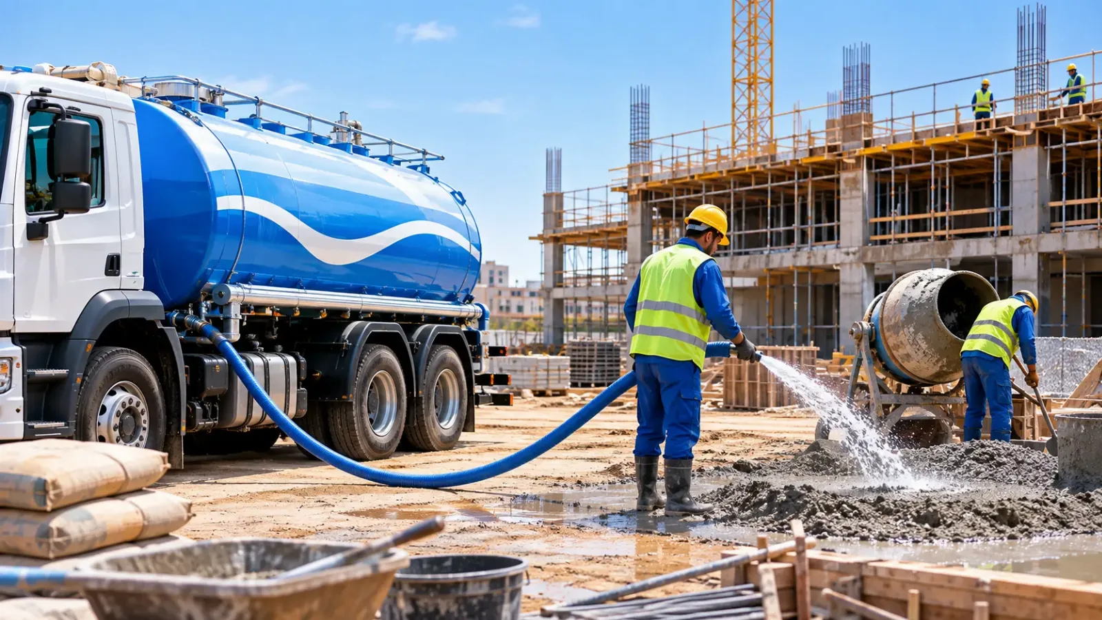 Caminhão-pipa fornecendo água potável para obra da construção civil