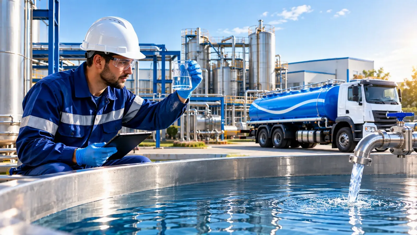 Profissional verificando a qualidade da água em instalação industrial com caminhão-pipa
